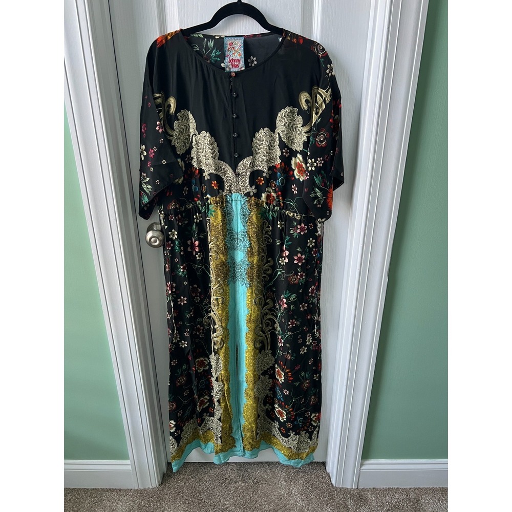 Johnny Was Botan Thalia Maxi Long Dress Silk No Slip Black Cinch Tie Side Sz XS